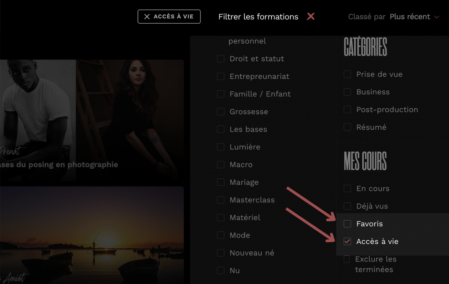 Filtres accès à vie et favoris