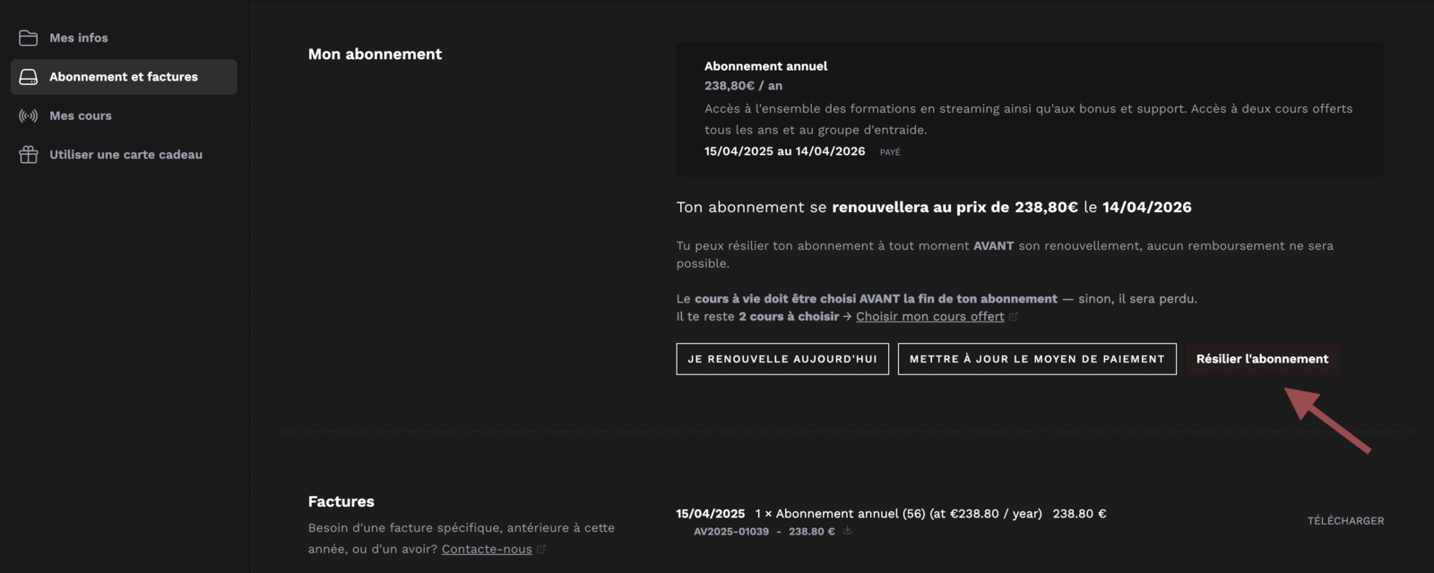 Bouton résilier l'abonnement